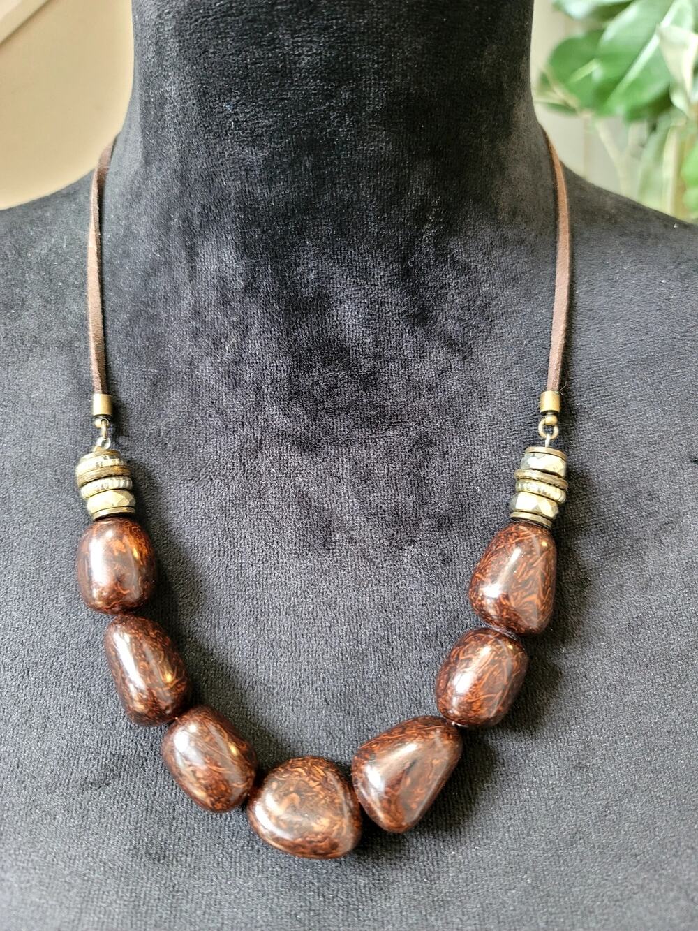 Brown Beaded Statement Necklace Set Stretch Bracelet Gold Tone Boho Tribal